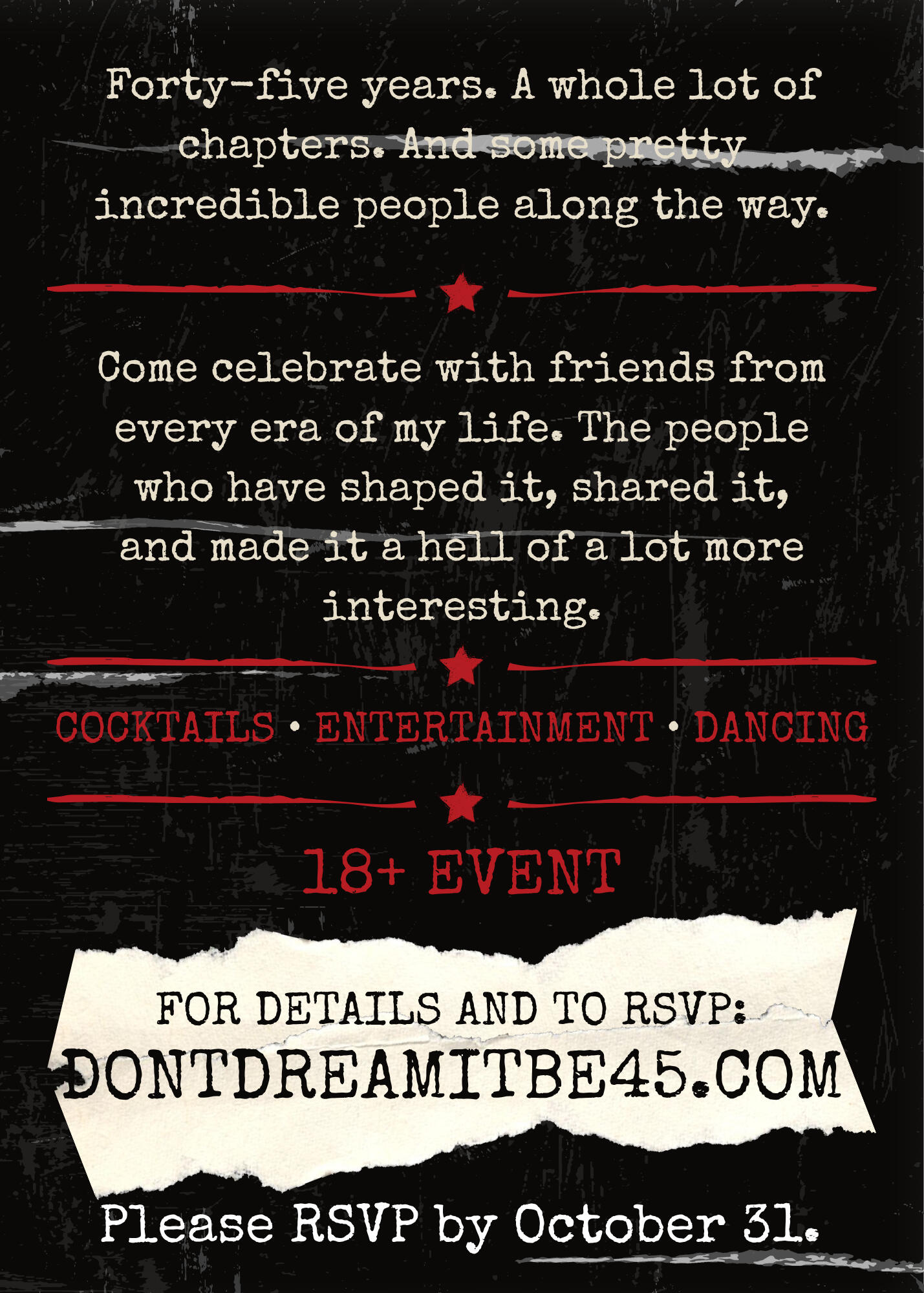 Forty-five years. A whole lot of chapters. Come celebrate with friends from every era of Angelina’s life. Cocktails, entertainment, dancing, and an 18-plus event.